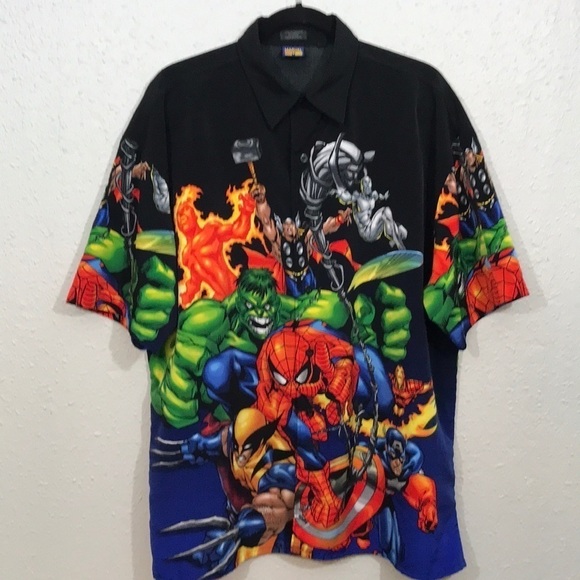 Marvel Comics Vintage All Over Print Superheroes Button Front Short Sleeve - Picture 1 of 13